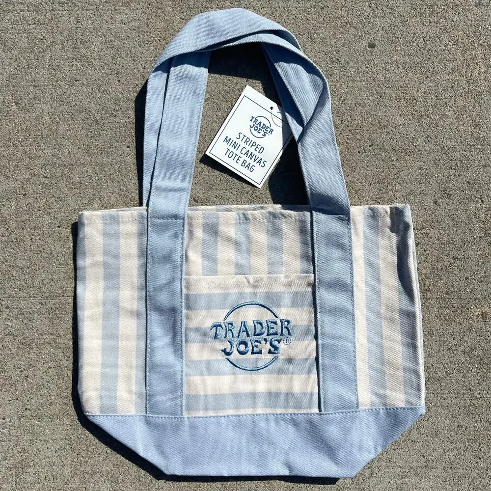 Set of 3 Trader Joe’s Canvas Tote Bag Large Size NAVY BLUE + Mini PASTEL STRIPES